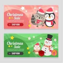 vivid two banner christmas template with snowman penguin and fox