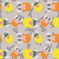 Colorful funny viking seamless pattern. Sea kings heads with long curve orange and blonde hair, beard and mustaches with horned helmets on dark green background with runes. One of a series.