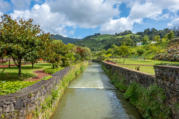 Fototapeta na wymiar Landscape of Furnas with a scenic view of a river, Sao Miguel, Azores, Portugal
