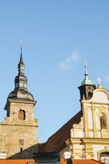 Franciscan Monastery in Plzen, Czech Republic with light blue sky in background. The church and monastery are among the city's oldest buildings. Historical center in Pilsen, Bohemia, Czechia