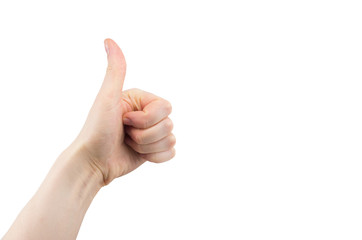 hand with raised up thumb, sign well, super, isolated on white background
