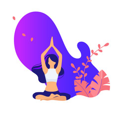 Woman activities. Flat modern sport illustration young doing yoga, doing yoga, pose, asana,  fitness exercises. Healthy and wellness lifestyle. Young girl. Design good for web - Vector