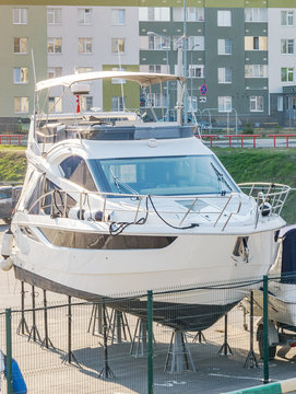 yacht parking on land, boat storage, port and marine hangar