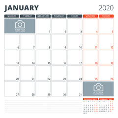 Calendar planner for 2020. Stationery design template. Week starts on Monday. Vector illustration