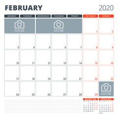 Calendar planner for 2020. Stationery design template. Week starts on Monday. Vector illustration