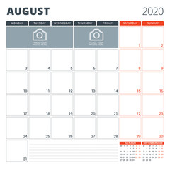 Calendar planner for 2020. Stationery design template. Week starts on Monday. Vector illustration