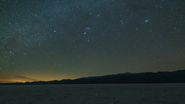 Astro Tracking Timelapse of Orion over Badwater Salt Flat in Death Valley