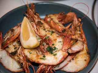 Fried tiger prawns. Traditional fresh grilled food. Seafood .