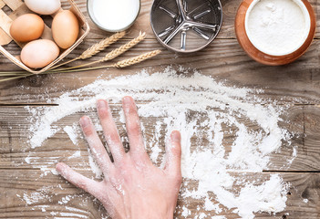 Top view of the kitchen worktop. Dough preparation