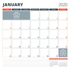 Calendar planner for 2020. Stationery design template. Week starts on Sunday. Vector illustration