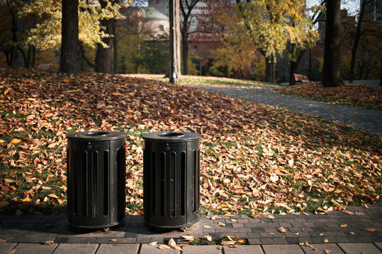 Two black garbage bins in the park