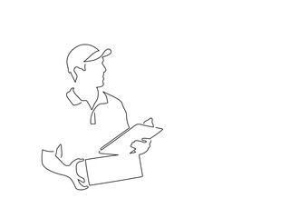 Delivery man isolated line drawing, vector illustration design. Logistics collection.