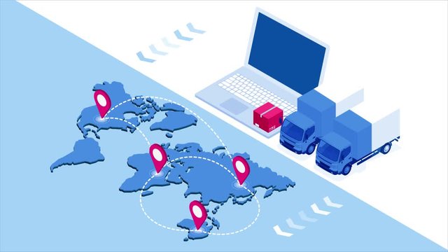 Isometric Checking delivery and ligistics service app on computer. Delivery truck with cardboard box and delivery man. Infographics. HD Video.