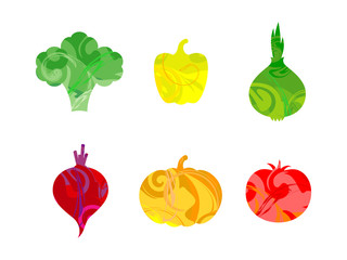 Set of 6 flat silhouette vector icons of vegetables: broccoli, bell pepper, onion, beetroot, pumpkin and tomato