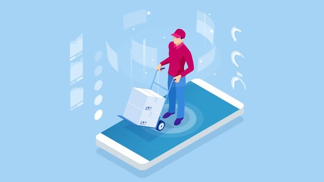Logistics and Delivery concept. Delivery home and office. City logistics. Delivery service app with map background. Isometric style. HD Video.