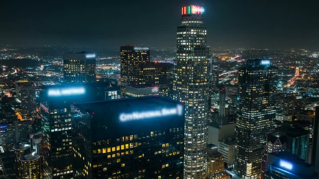 Timelapse Overview of Downtown Los Angeles Skyline at Night