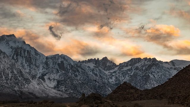 Timelapse of Sunset Afterglow over Mt. Whitney in Sierra Nevada in Winter