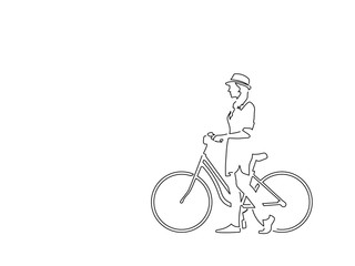 Woman with a bike isolated line drawing, vector illustration design. Urban life collection.