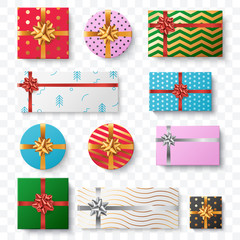 Obraz premium Set of colorful gift box isolated on transparent background. Top view. Christmas gift boxes collection with different pattern and big bow. Surprise box. Element for your festive design. Vector eps 10