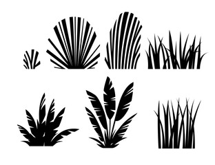 Black silhouette set of grass and bushes modern foliage design for garden or public park decoration flat vector illustration isolated on white background