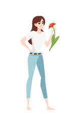 Fototapeta na wymiar Women in casual clothes holding a single poppy flower cartoon character design flat vector illustration on white background