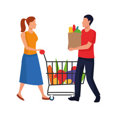 man holding a bag and woman with supermarket cart, flat design