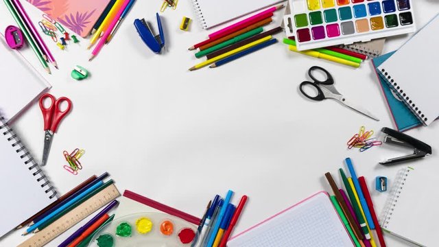 Animation composition tools for drawing and creativity, stop motion logo intro. Stationery theme for company branding. The concept of a set of items to promote an artist or designer.