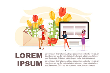 Open eco friendly paper envelope with spring flowers and couple date meeting concept creative design flat vector illustration on white background