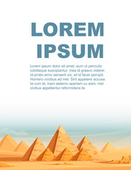 Giza Egyptian Pyramids desert landscape with camels flat vector illustration vertical banner design