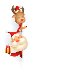 Santa Claus and Reindeer on left side of board - vector illustration isolated on white background
