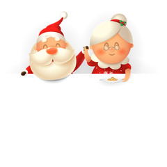 Santa Claus and his wife Mrs Claus on top of board with cookies - vector illustration isolated on white background