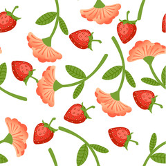 Seamless pattern of wild strawberries and red flower flat vector illustration on white background