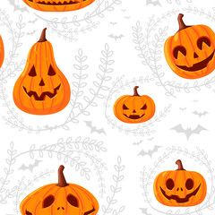 Seamless pattern of cute and scary Halloween pumpkins with faces cartoon vegetables flat vector illustration on white background with silhouette of leaves and bat