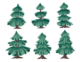 Set of abstract modern stylized coniferous green trees flat vector illustration isolated on white background