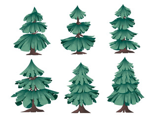 Set of abstract modern stylized coniferous green trees flat vector illustration isolated on white background