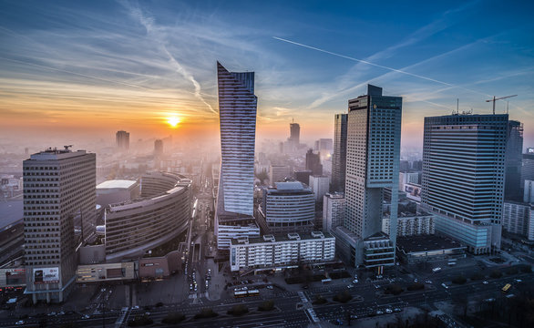 WARSAW, POLAND - NOVEMBER 3, 2015. Aerial view with Golden Terraces, Zlota 44 skyscraper, Warsaw Towers, InterContinental Hotel, Warsaw Financial Center in Warsaw