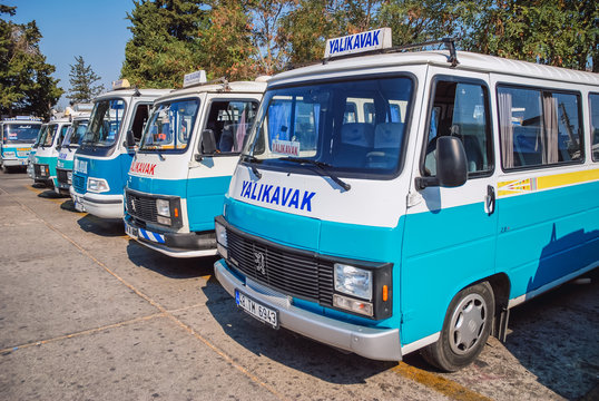 Bodrum, Turkey - August 29, 2007: So called dolmus vans - share taxis mode of transport on a parking in Bodrum