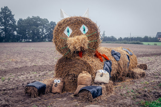 Wielkie Chelmy, Poland - September 10, 2016: Figures made of straw bales in Kashubia region during Polish harvest festival called Dozynki