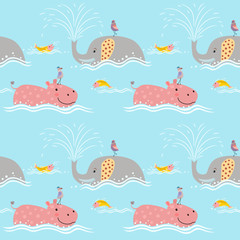 Cute elephant with hippo seamless pattern.