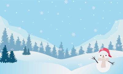 Winter snow background. Snowman on hill in forest.