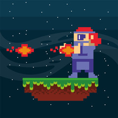 video game warrior shooting in pixelated scene