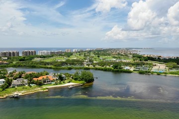 Fototapeta na wymiar Clear effects of Red Tide in Sarasota, Florida, aerial view