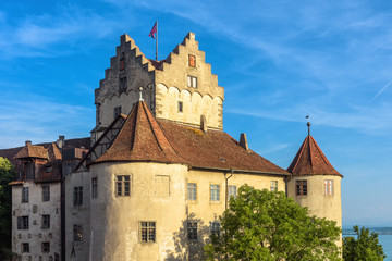 Meersburg Castle at Lake Constance or Bodensee, Germany. This medieval castle is landmark of town. Closeup view to old German castle in summer. Scenery of famous tourist attraction in Swabia.