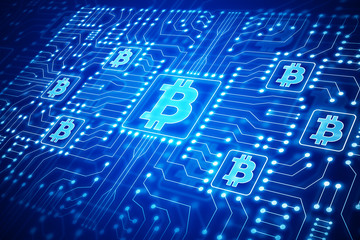Glowing blue bitcoin backdrop
