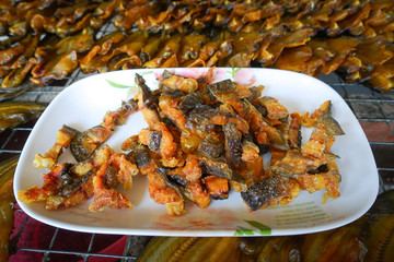 Sun dried fresh catfish in market