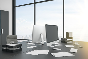 Fototapeta premium Closeup of desktop in white office