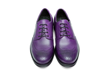 Pair of male purple leather shoes on white background, isolated product, top view.