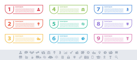 Infographic design business concept vector illustration with 9 steps or options or processes represent work flow or diagram or web button banner