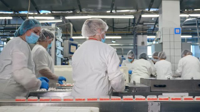 Conveyor and crab sticks getting removed from it by female staff