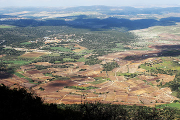 View from Mount Meron to the valley with agricultural fields from the mountain, Upper Galilee, north of Israel_3
